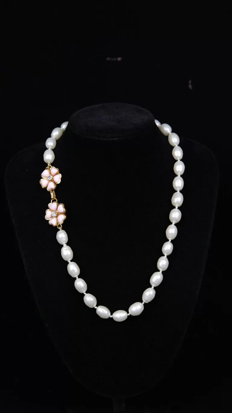 Chanel Cherry Blossom Pink Glass Flower Pearl Necklace