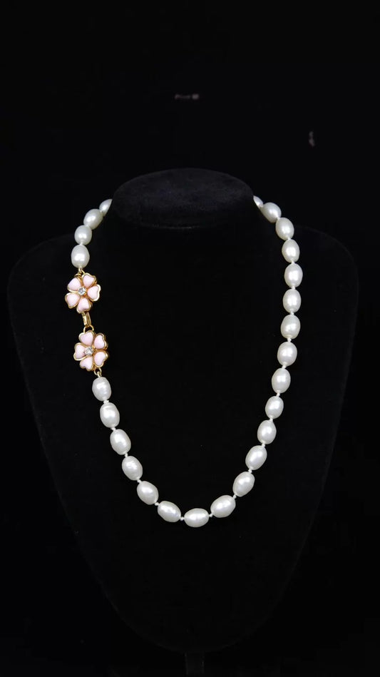 Chanel Cherry Blossom Pink Glass Flower Pearl Necklace