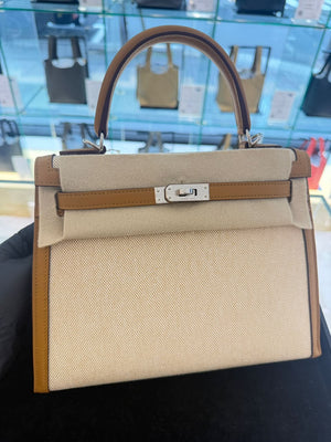 Hermes Kelly 25 Sesame Swift & Ecru Toile Palladium hardware