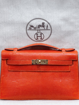 Hermes Kelly pochette Orange Lizard Gold hardware