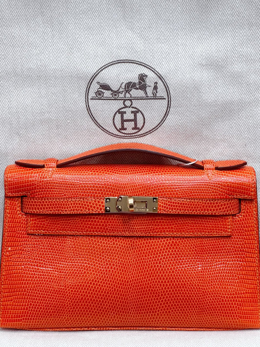Hermes Kelly pochette Orange Lizard Gold hardware