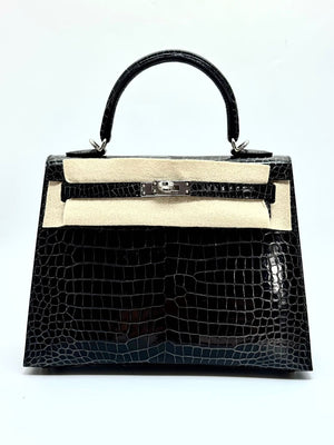 Hermes Kelly 25 graphite shiny porosus palladium hardware