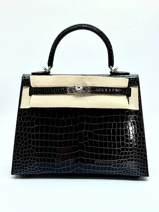 Hermes Kelly 25 graphite shiny porosus palladium hardware