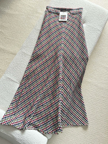 Chanel 25C Colorful Mosaic Check Woven Midi Skirt