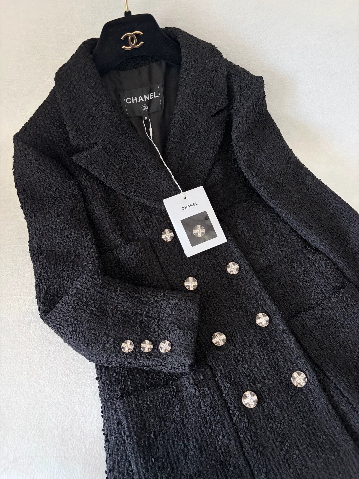 Chanel 23S Black Tweed Midi Coat