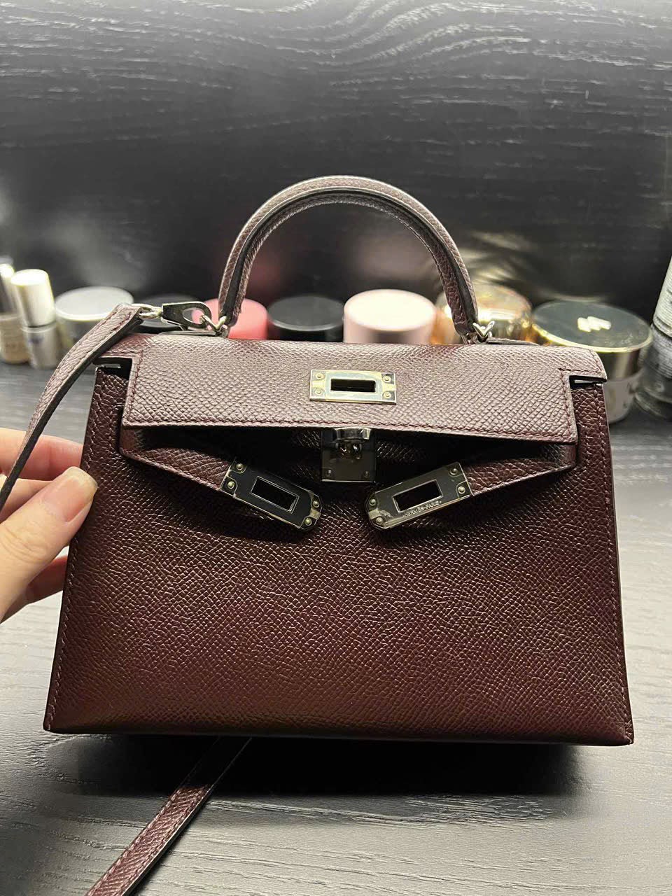 Hermes Mini Kelly 20 Bordeaux Epsom Palladium hardware