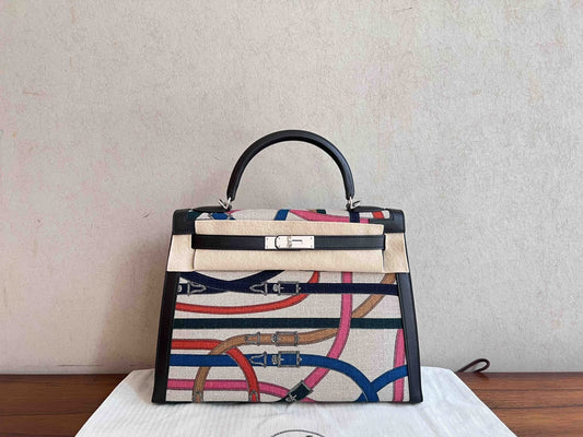 Hermes Kelly 28 Cavalcadour Black Swift & Toile de Camp Palladium hardware