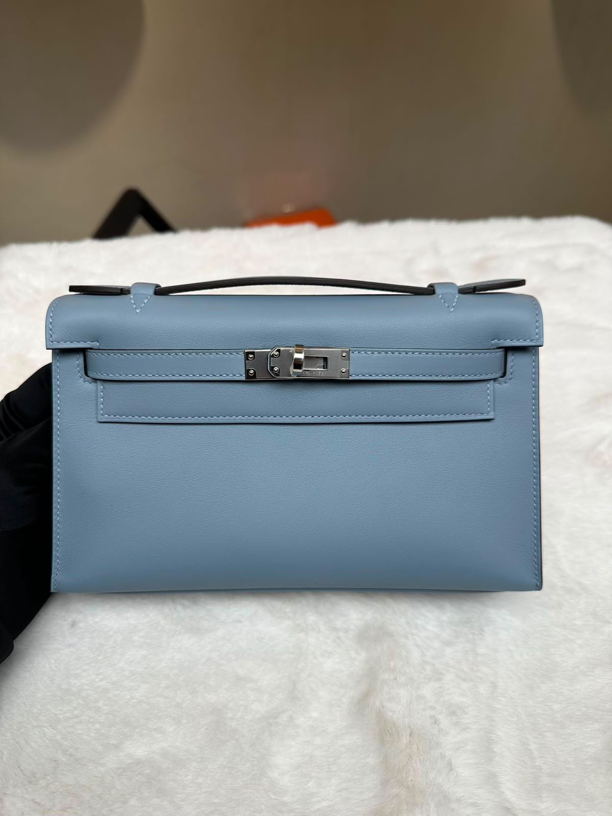 Hermes Kelly pochette Bleu Lin Swift Palladium hardware