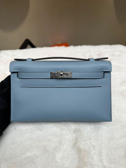 Hermes Kelly pochette Bleu Lin Swift Palladium hardware