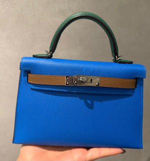 Hermes Mini Kelly 20 Tricolor Blue Hydra / Alezan / Vert Moyen Epsom Palladium hardware