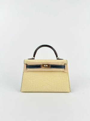 Hermes Mini Kelly 20 HSS Vanille / Vert Rousseau Matte Alligator Gold hardware