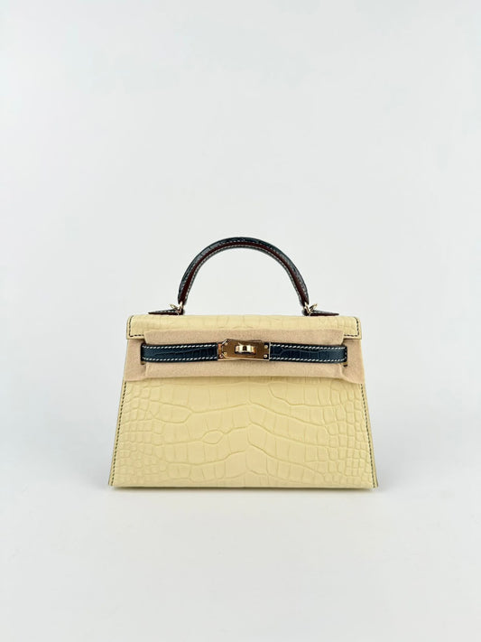 Hermes Mini Kelly 20 HSS Vanille / Vert Rousseau Matte Alligator Gold hardware