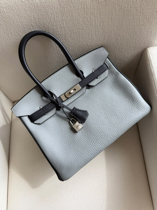Hermes Birkin 30 Gris Perle / Black Togo Brushed palladium hardware