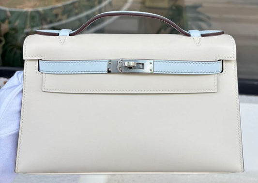 Hermes Kelly pochette Craie / Bleu Brume Swift Palladium hardware