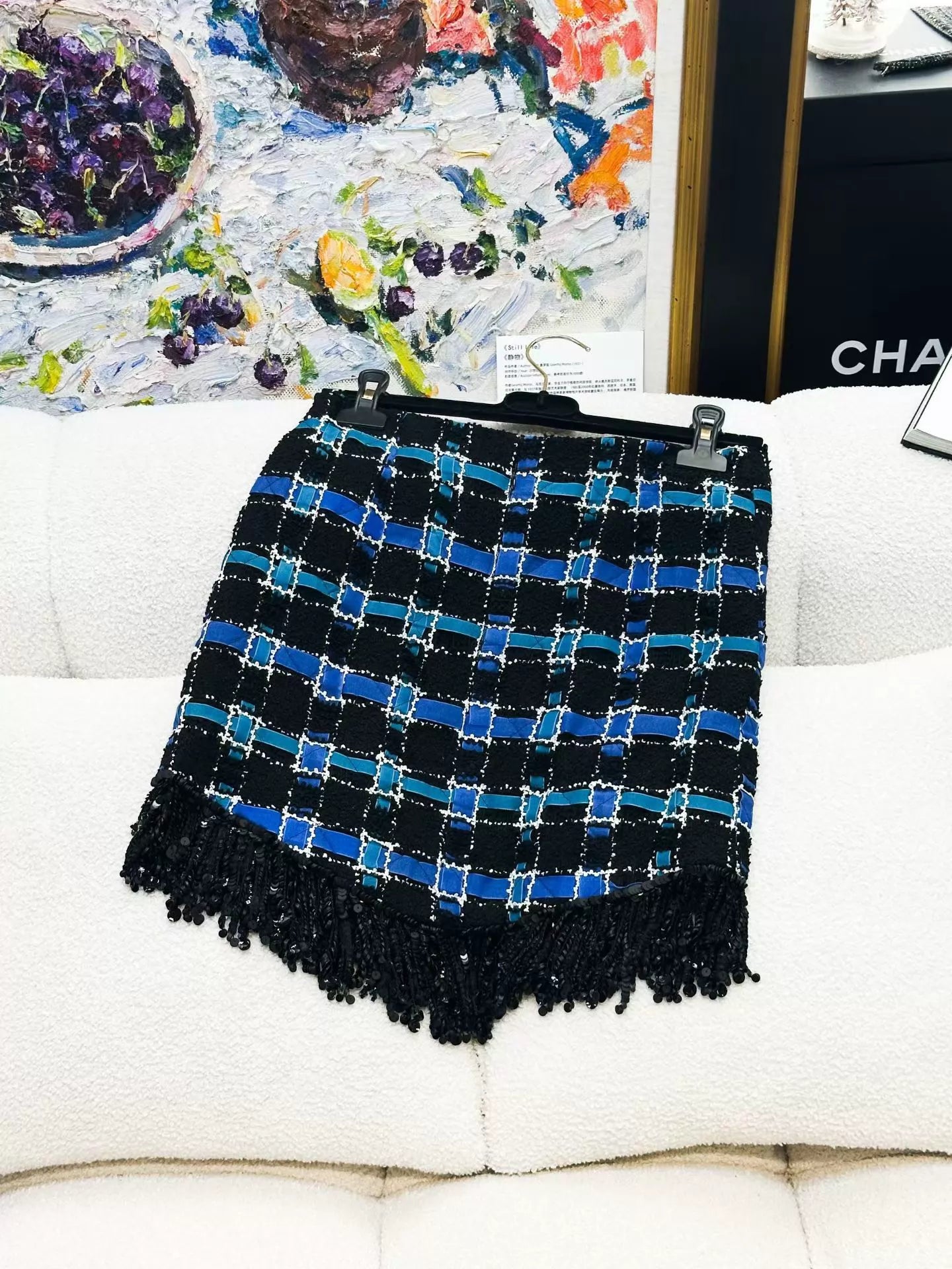 Chanel 22C black and blue tweed suit