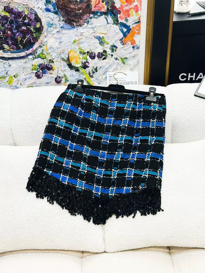 Chanel 22C black and blue tweed suit