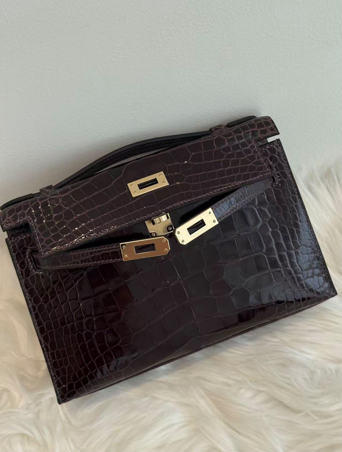 Hermes Kelly pochette Havana shiny alligator Permabrass hardware