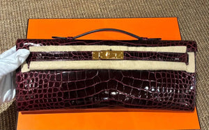 Hermes Kelly cut Bordeaux Shiny Alligator Gold hardware