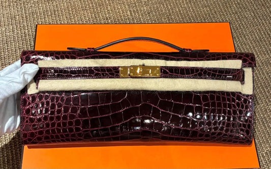 Hermes Kelly cut Bordeaux Shiny Alligator Gold hardware