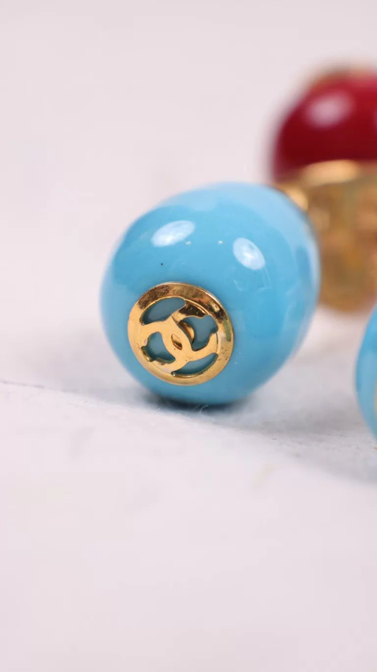 Chanel 93 Red and Blue Glazed Glass Teardrop Pendant Earrings