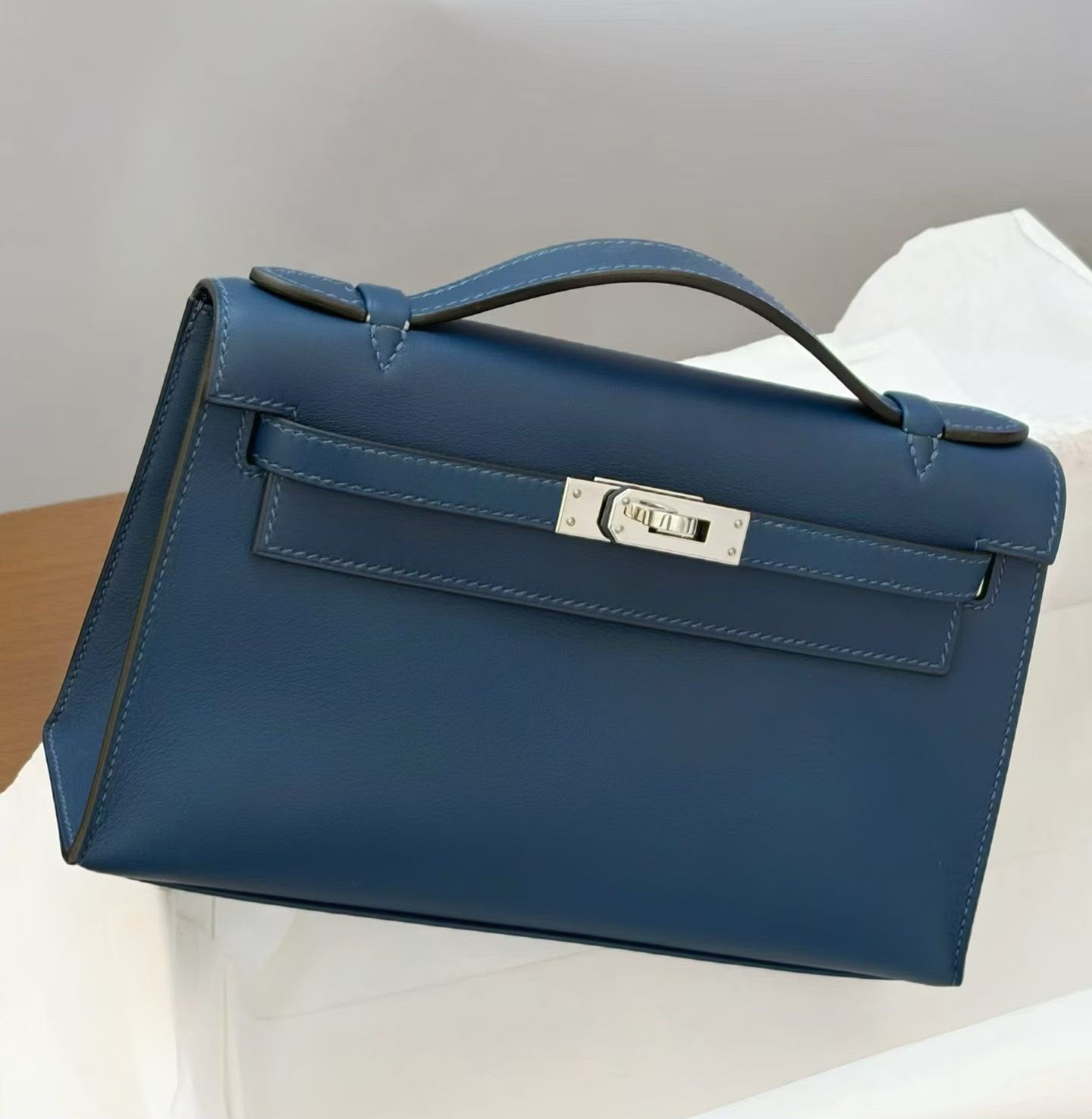 Hermes Kelly pochette Bleu Fonce Swift Palladium hardware