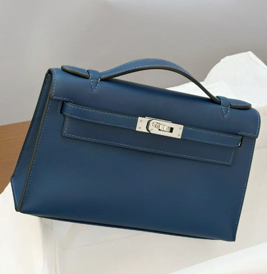Hermes Kelly pochette Bleu Fonce Swift Palladium hardware