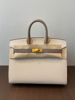 Hermes Birkin 25 HSS Sellier Craie / Gris Asphalte Epsom Brushed gold hardware