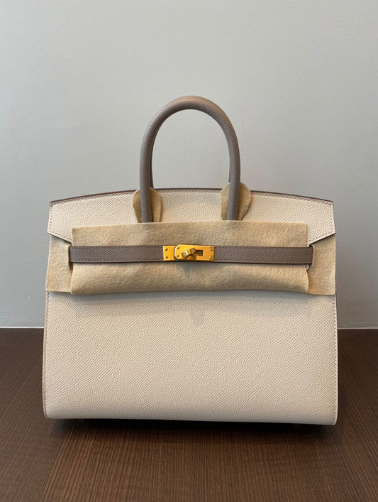 Hermes Birkin 25 HSS Sellier Craie / Gris Asphalte Epsom Brushed gold hardware