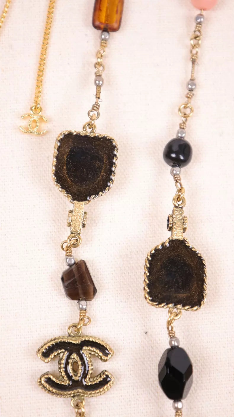 Chanel11 Brown Glass Pink Beaded Sweater Chain Long Necklace