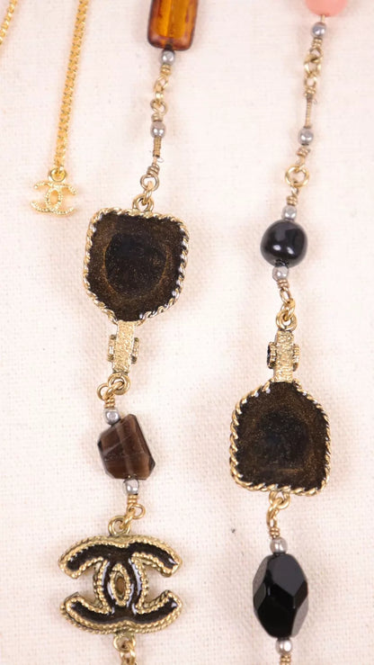 Chanel11 Brown Glass Pink Beaded Sweater Chain Long Necklace