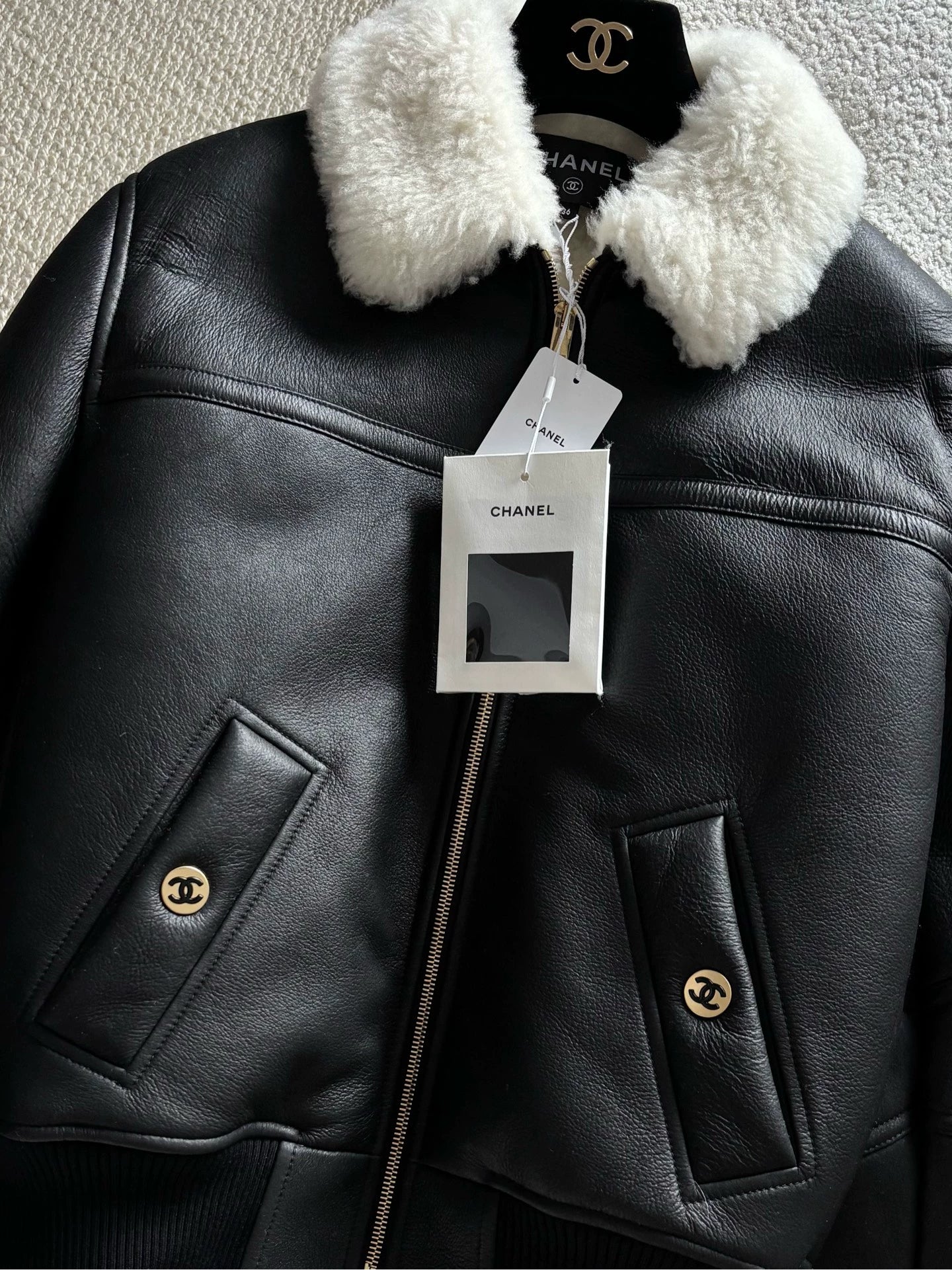Chanel 26B Black Shearling Leather Jacket