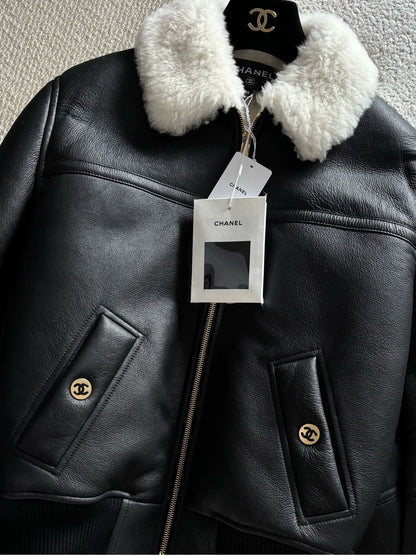 Chanel 26B Black Shearling Leather Jacket