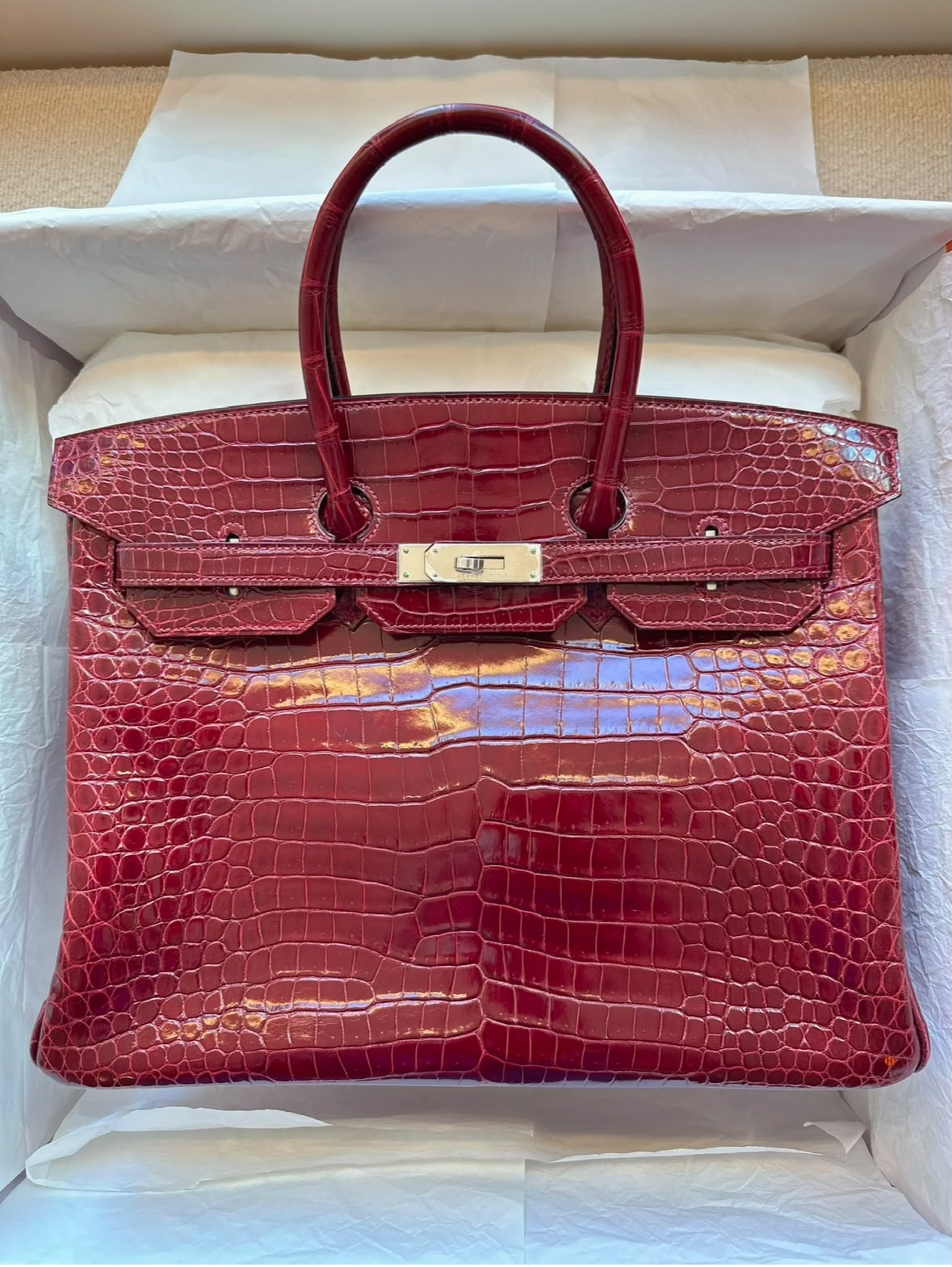 Hermes Birkin 35 Bourgogne Shiny Porosus Palladium hardware