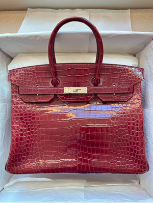 Hermes Birkin 35 Bourgogne Shiny Porosus Palladium hardware