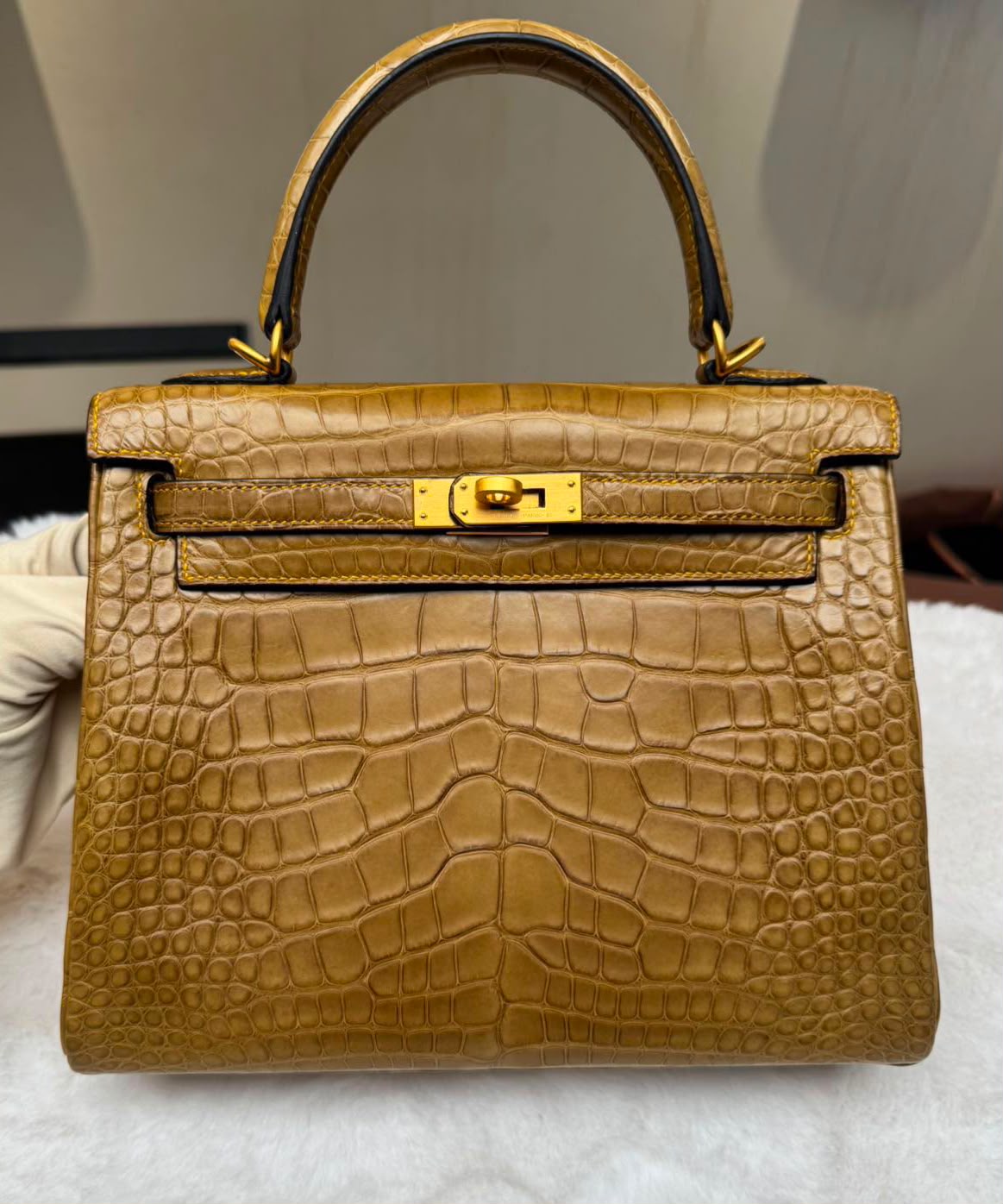 Hermes Kelly 25 HSS Kraft matte alligator interior Jaune Ambre brused gold hardware