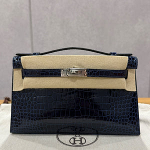 Hermes Kelly pochette Bleu Saphir Shiny Porosus Palladium hardware