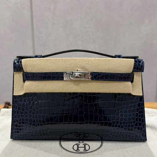 Hermes Kelly pochette Bleu Saphir Shiny Porosus Palladium hardware