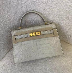 Hermes Mini Kelly 20 beton matte alligator gold hardware