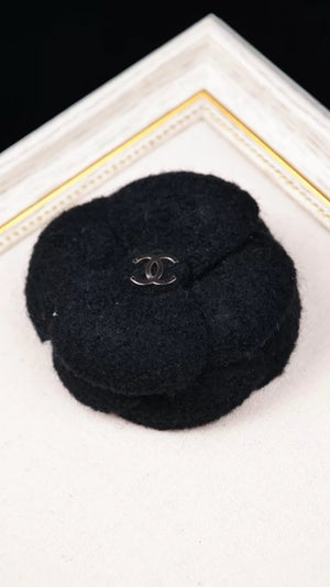 Chanel Black Wool Camellia Brooch