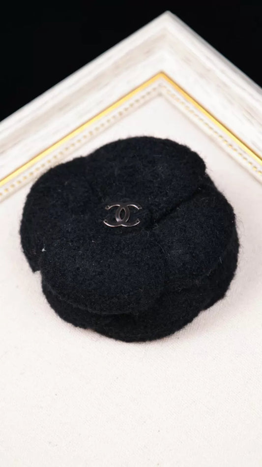 Chanel Black Wool Camellia Brooch