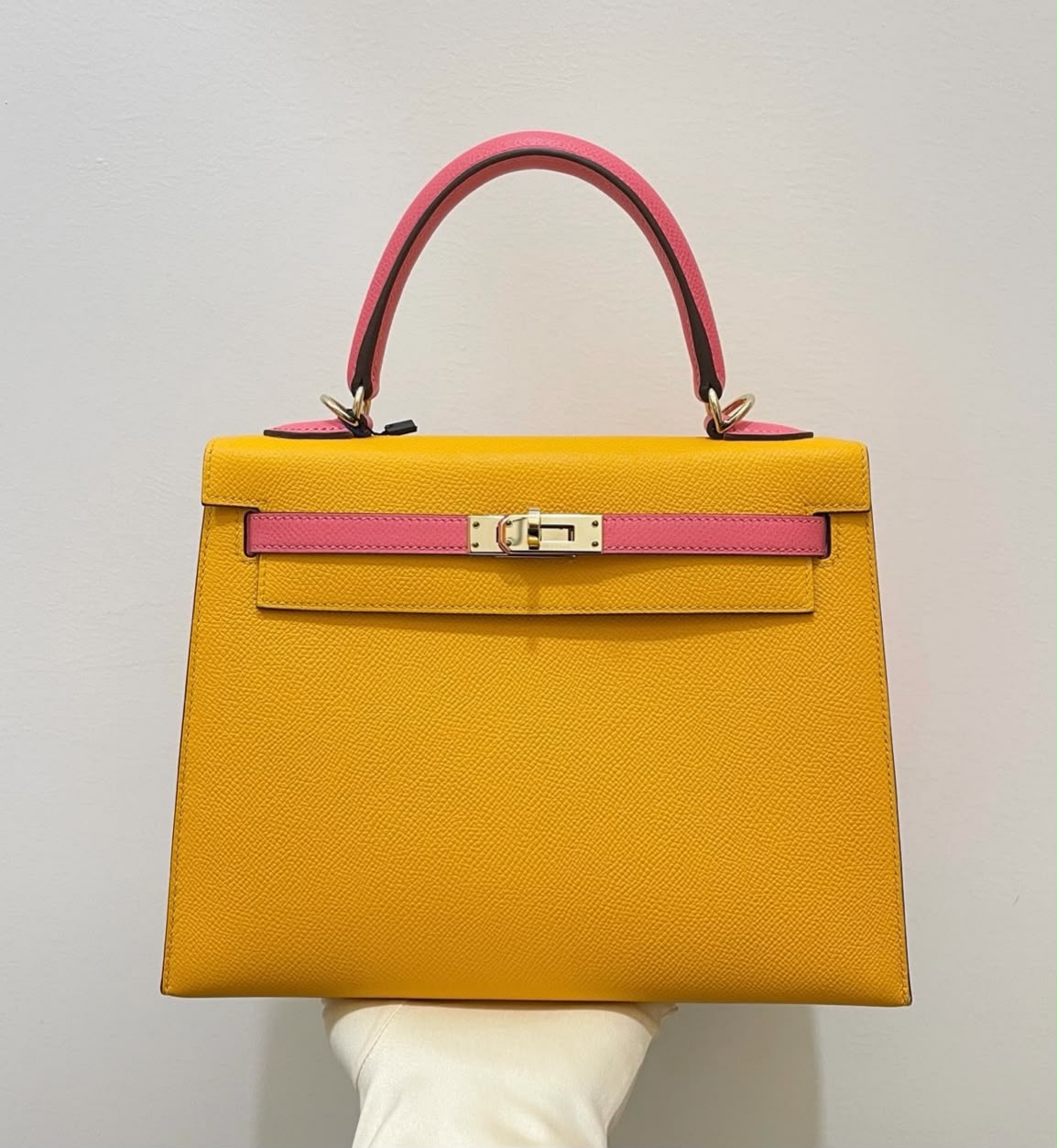 Hermes Kelly 25 HSS Jaune d’or x rose lipstick epsom Permabrass hardware