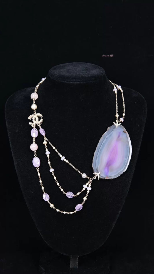 Chanel 12 Purple Oval Crystal and Agate Three-layer Necklace