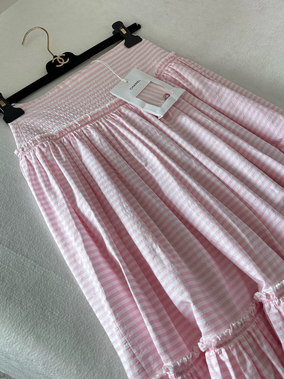 Chanel 24C Pink and White Striped Midi Skirt