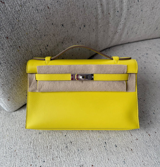 Hermes Kelly Pochette lime swift palladium hardware