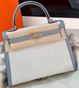 Hermes Kelly 25 toile in blue glacier palladium hardware