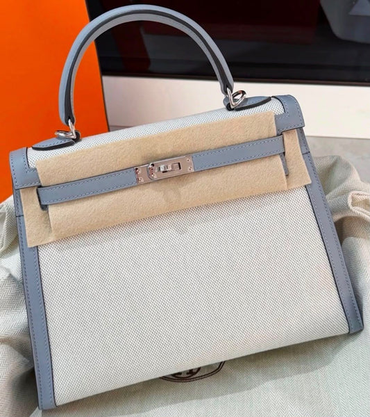 Hermes Kelly 25 toile in blue glacier palladium hardware