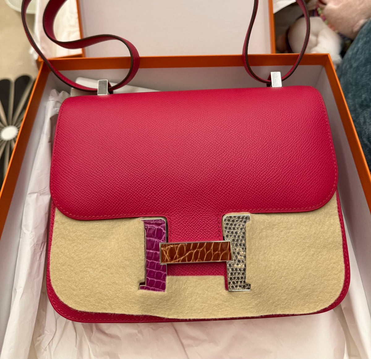 Hermes Constance 24 Marquette Rose Extreme Epsom, Rose Pourpre / Miel Shiny Alligator & Ombré Lizard Palladium hardware