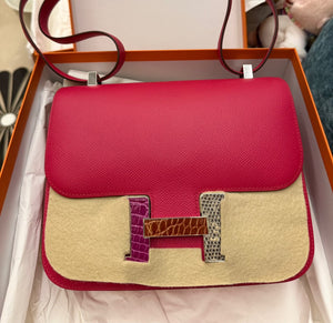 Hermes Constance 24 Marquette Rose Extreme Epsom, Rose Pourpre / Miel Shiny Alligator & Ombré Lizard Palladium hardware