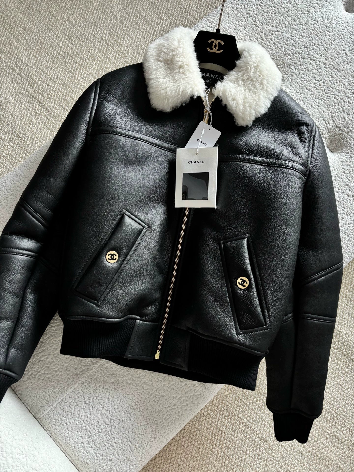 Chanel 26B Black Shearling Leather Jacket