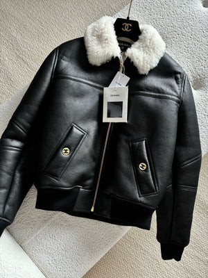 Chanel 26B Black Shearling Leather Jacket